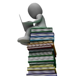 Figure sitting on a stack of books