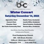 Announcement for the BCC Winter Concert at 3:00 PM on December 14th at First Presbyterian Church, Brandon