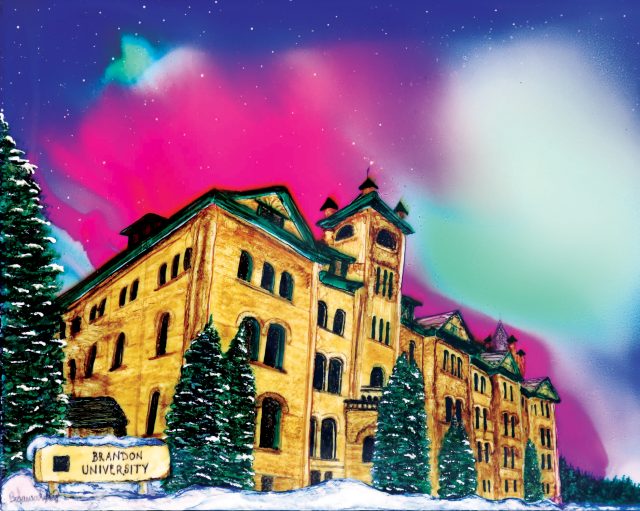 Brightly coloured painting of Clark Hall at Brandon University with neon swirls of northern lights in the sky behind.