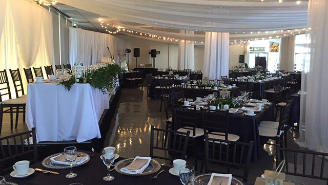 Harvest Hall setup and decorated for a wedding reception