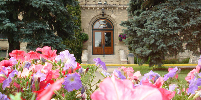 Clark Hall entrance and flowers