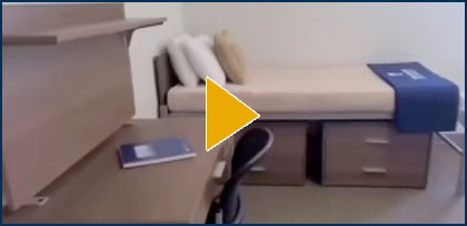 Interior McMaster Hall Double Room with Video Play Button overlayed