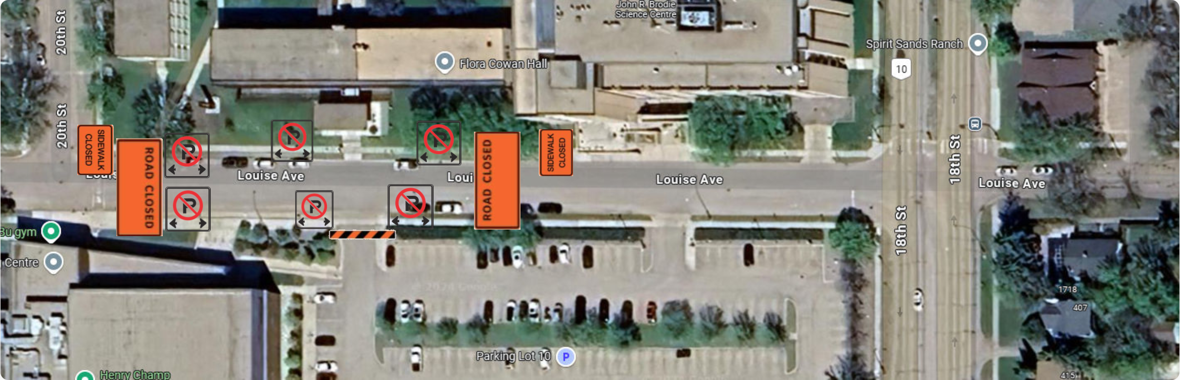Map showing planned street closures and no parking, along Louise Avenue between Brodie Building and the HLC.