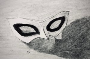 Grey-scale charcoal drawing of a Carnevale mask. The mask creates shadowing in the foreground. 