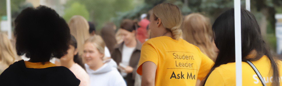 Student Leader stands among crowd of Fall Orientation students